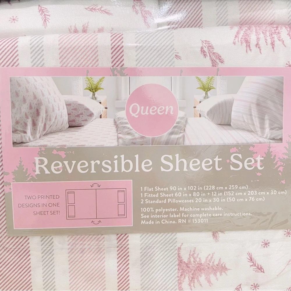 NEW Queen Reversible Sheet Set White Pine Tree Stripe 4pc Winter Holiday Bedding